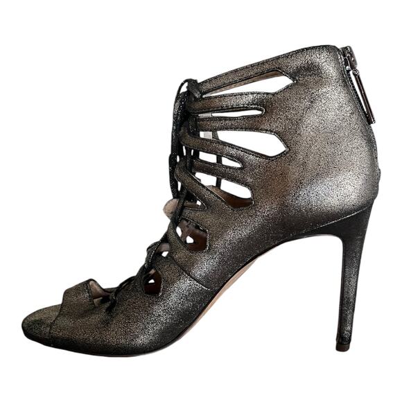 LOUISE ET CIE Caged Sandals Lo-Kacy Leather Silver Metallic Lace Up Zip 7.5 EUC - Picture 9 of 11